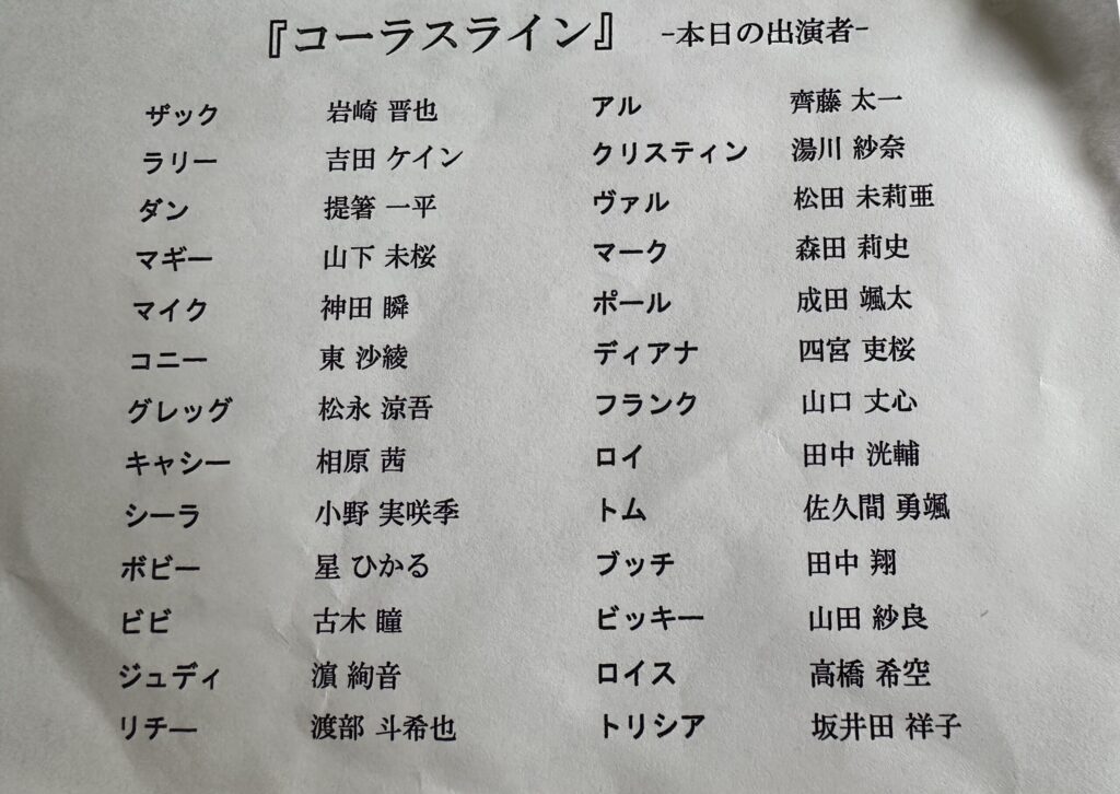 入口で配布された紙の出演者表、観劇当日のキャスト一覧