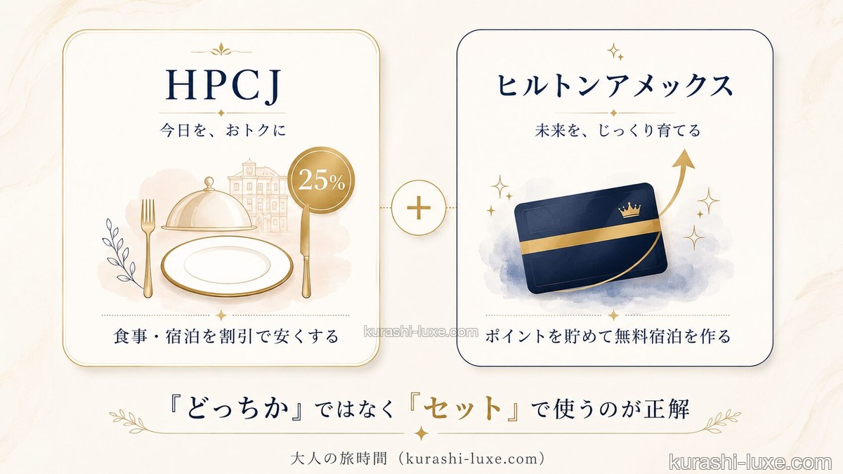 HPCJはお皿とカトラリーで今日の割引を、ヒルトンアメックスはカードと成長する矢印で未来の無料宿泊を表す。2つを「＋」で組み合わせて使うイメージイラスト