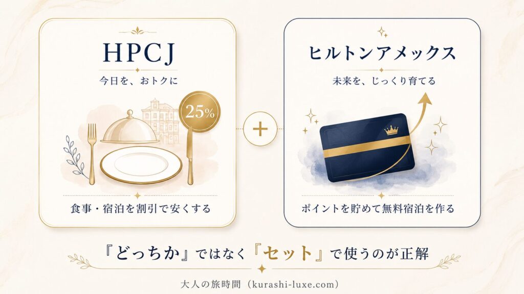 HPCJはお皿とカトラリーで今日の割引を、ヒルトンアメックスはカードと成長する矢印で未来の無料宿泊を表す。2つを「＋」で組み合わせて使うイメージイラスト
