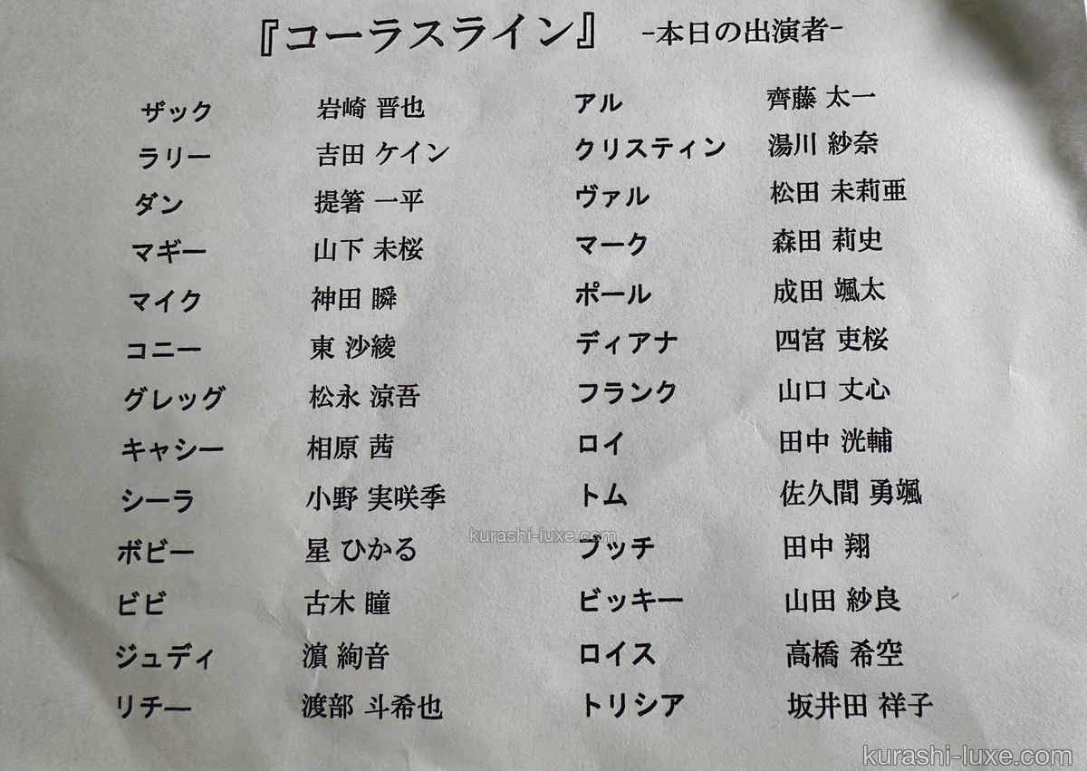 入口で配布された紙の出演者表、観劇当日のキャスト一覧